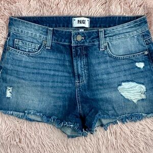 PAIGE Distressed Blue Jean Shorts